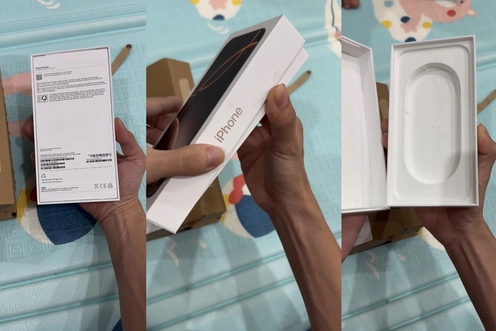 Hộp của chiếc iPhone 16 Pro Max bị xé tem niêm phong và bên trong hoàn toàn trống rỗng, không có điện thoại